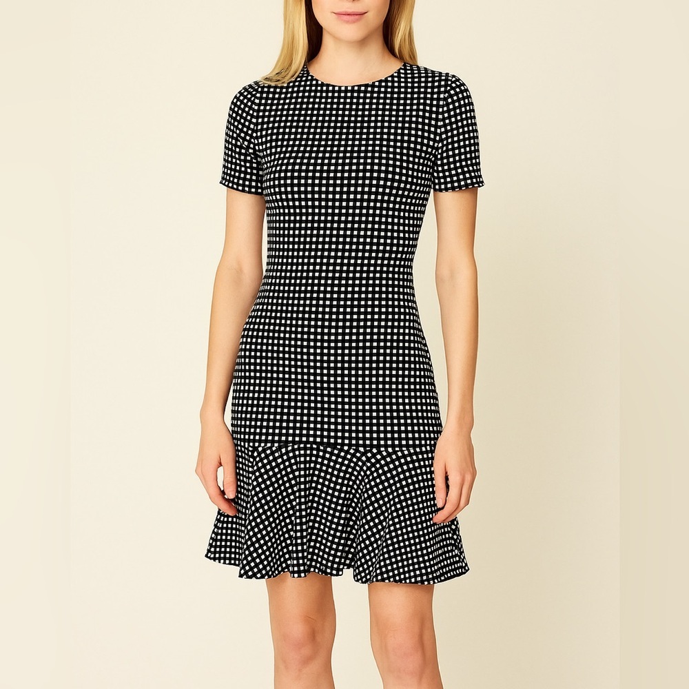Vintage black and white USA-made short sleeves check flounce dress